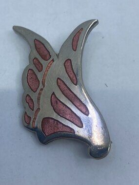 Vtg RIVEST silver tone pink enamel bird butterfly brooch